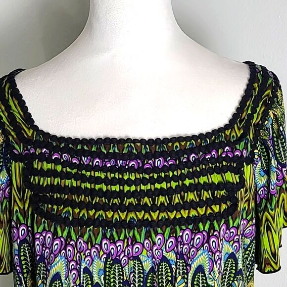 Cato Colorful Top with Embroidered Neckline, Purple, Green & Black, Size XL - Picture 3 of 8
